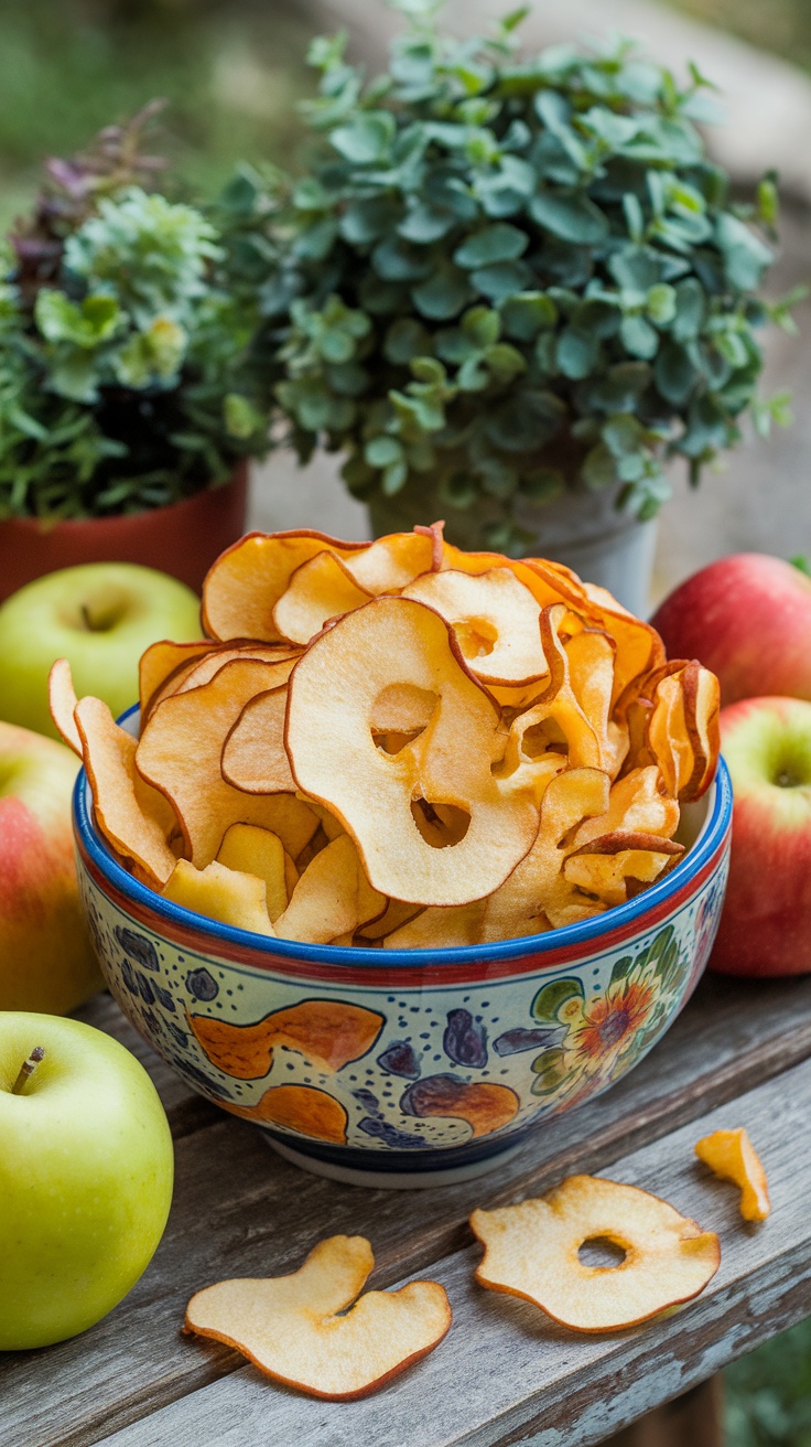 A bowl of crispy apple chips with whole apples on a wooden table, ideal for hiking and camping snacks.